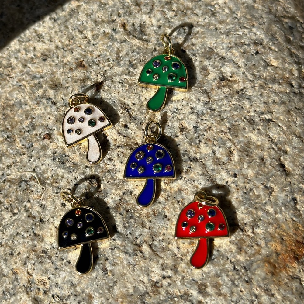 Red Enamel and CZ stones mushroom necklace with gold filled chain